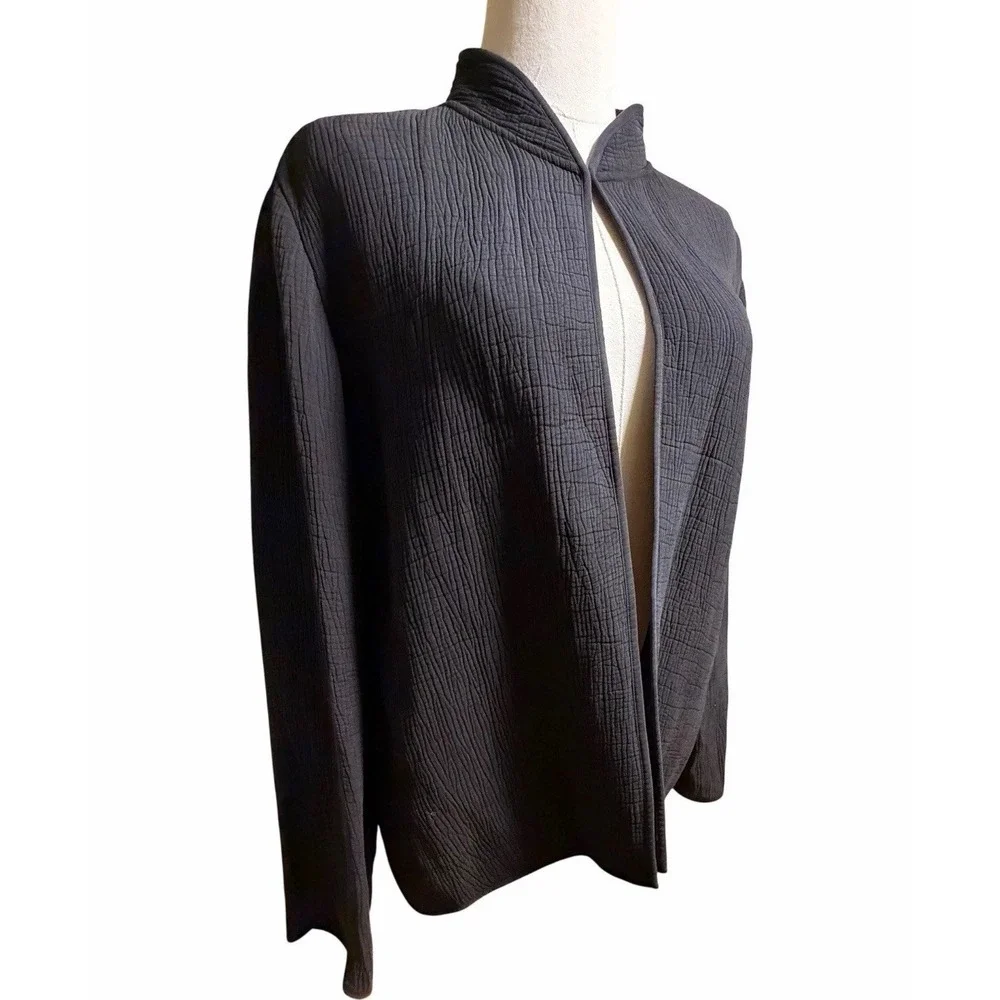 Eileen Fisher Silk Blend Crinkle Textured Open Front‎ Jacket Cardigan Black M